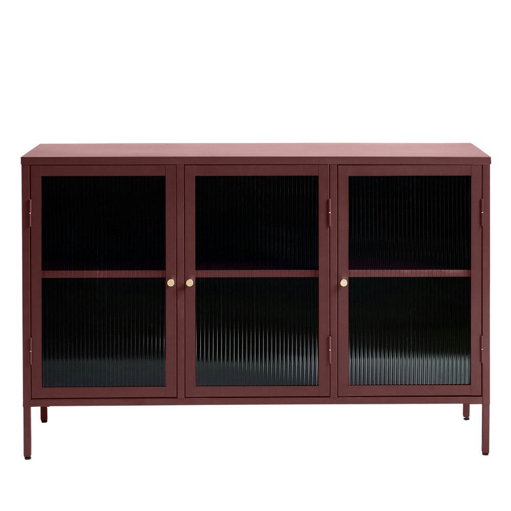 BJORN - Buffet 3 portes en verre strié et métal L132cm bordeaux