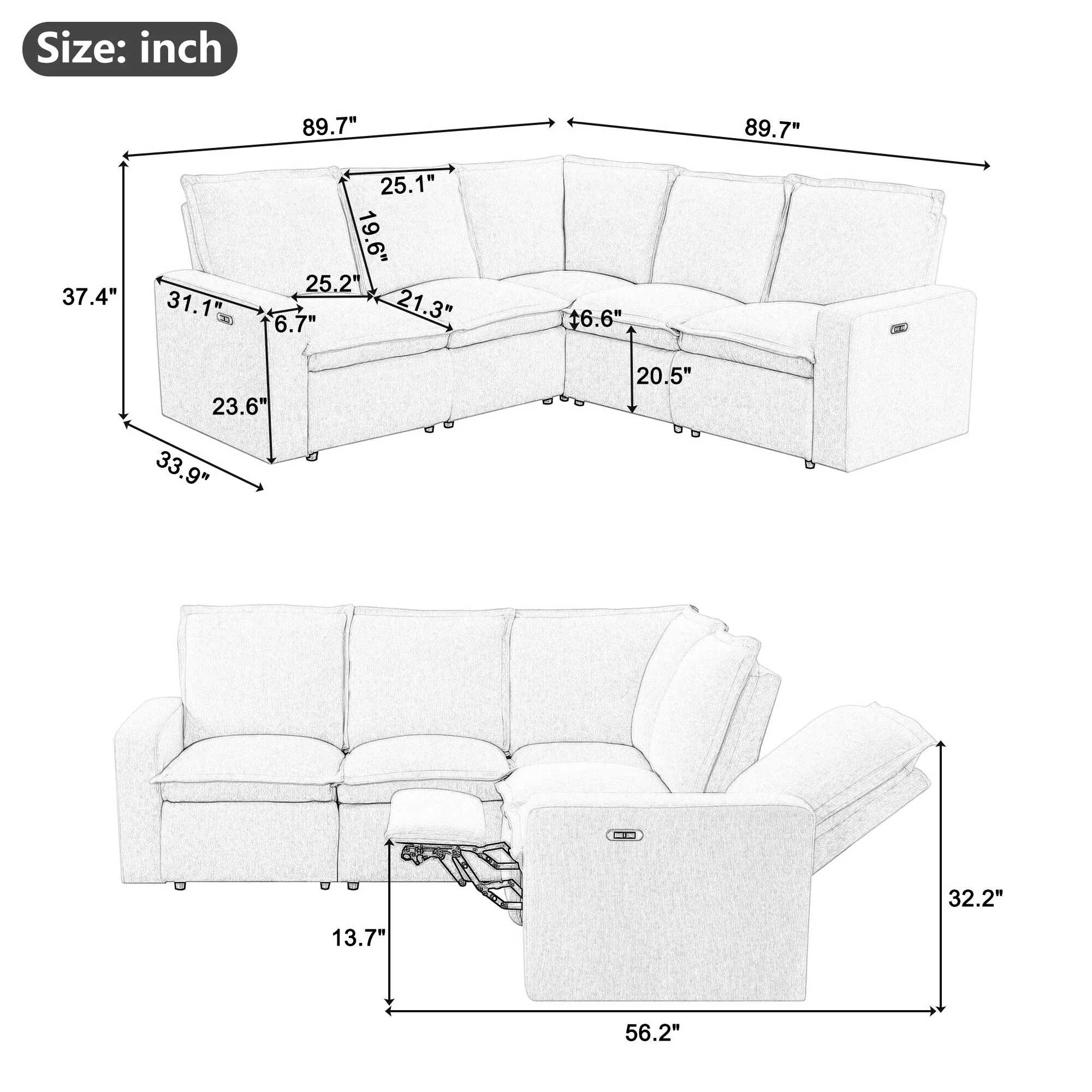 Grey 89.76'' L-Shaped 5-Seater Sectional Sofa with Power Recliner Chair, USB Charging, and Plush Home Theater Comfort