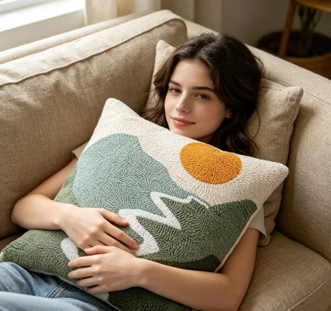 Tufted Mountain Landscape Pillow Cover, Nature Inspired Cushion Cover, Sun and Hills Throw Pillow, Scenic Embroidered Pillow Case 18x18