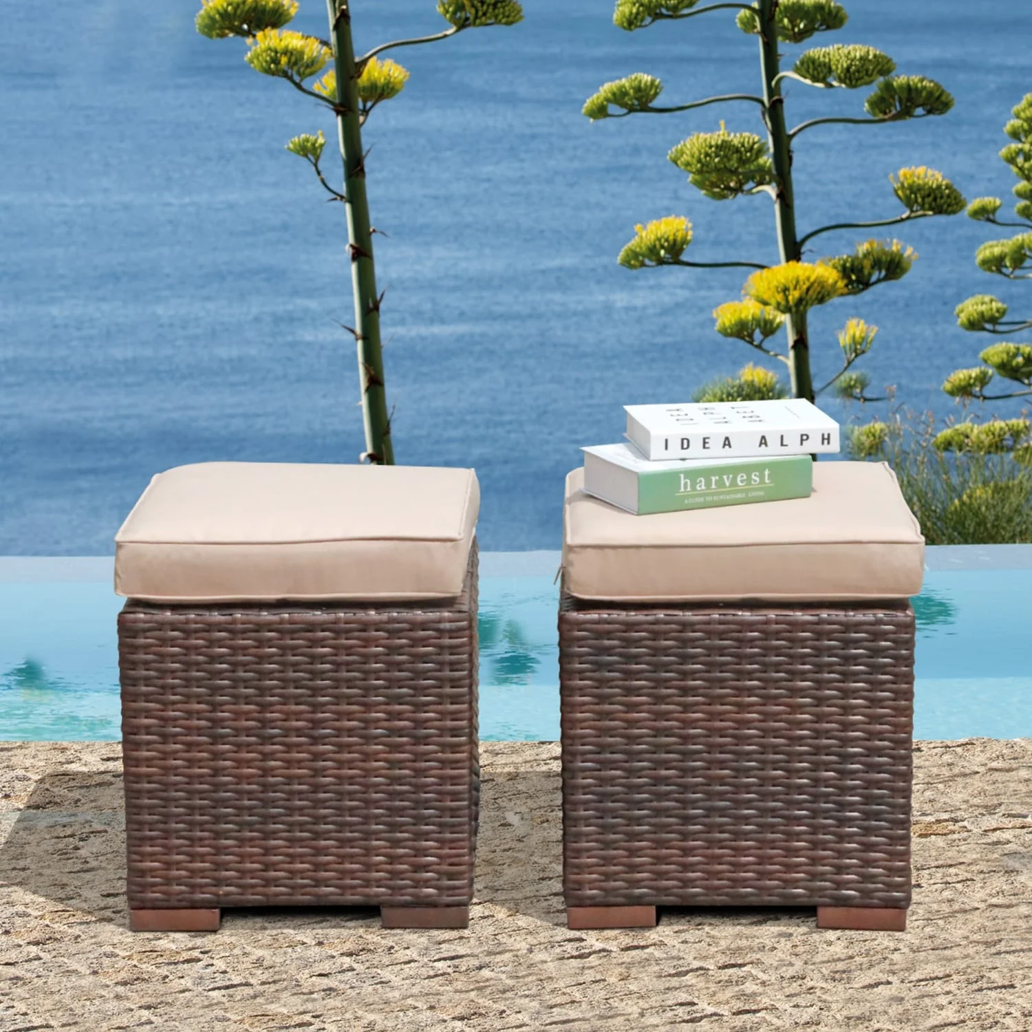 Outdoor Patio Rattan Ottoman Set (Set of 2)