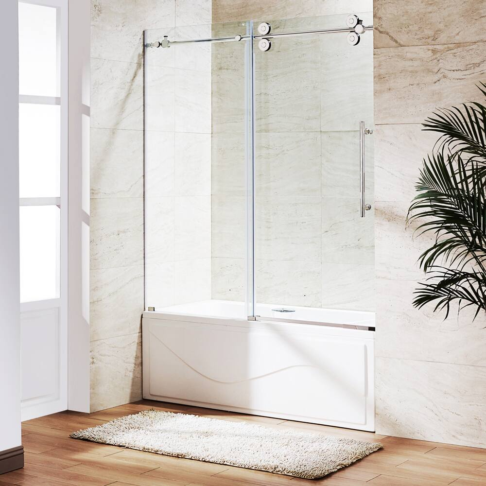 VIGO Elan Frameless Adjustable Sliding Bathtub Door with Clear Glass, Chrome, 60x66-in