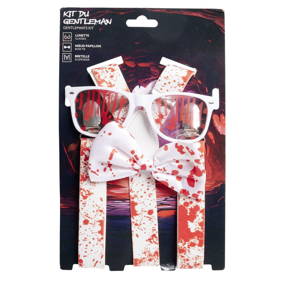 Accessoires Halloween lunettes bretelles et noeud papillon ensanglantés