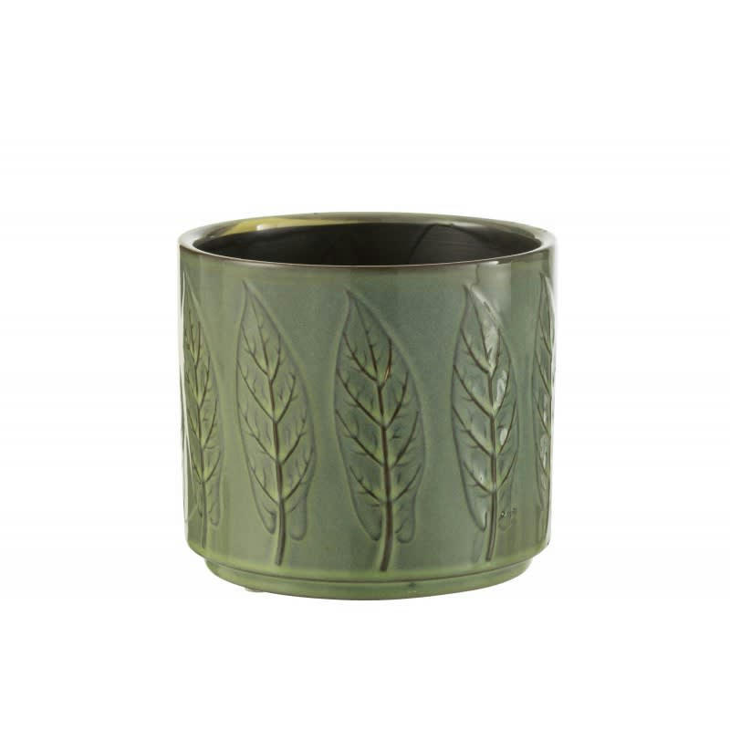 - Cache pot vert en céramique avec motif de feuilles