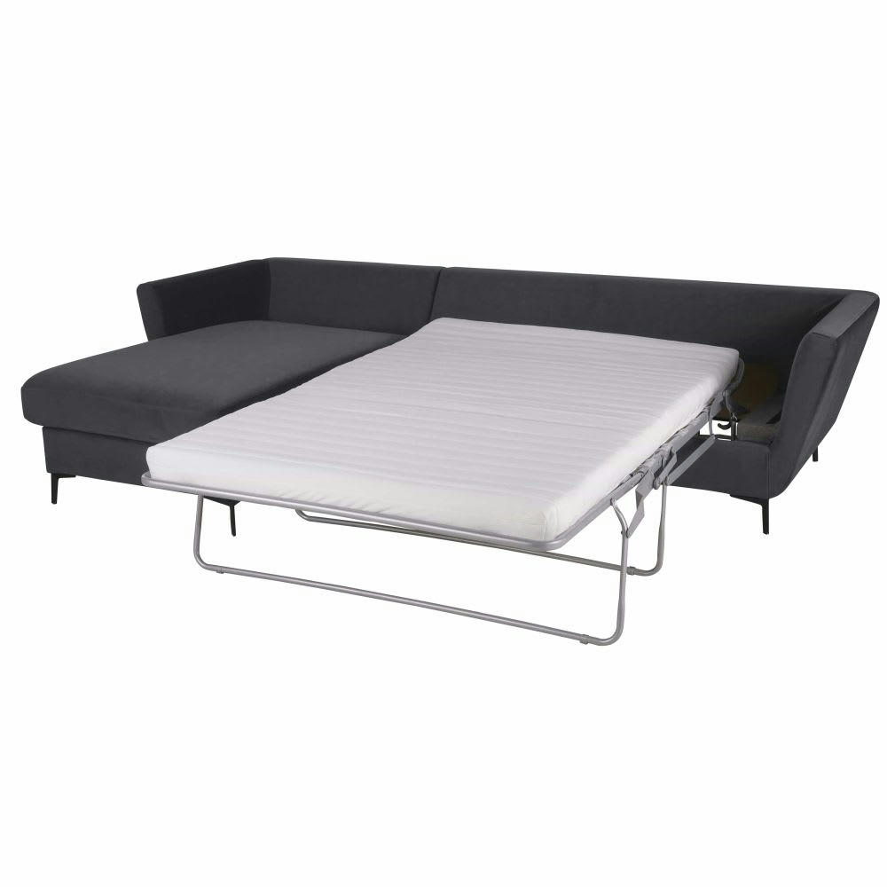 Prague - Canapé d'angle gauche convertible 2/3 places en velours gris anthracite, matelas 10 cm