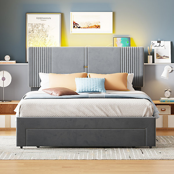 Lit tapissé 140 par 200 cm lit double LED USB dossier tiroir velours gris adultes et adolescents