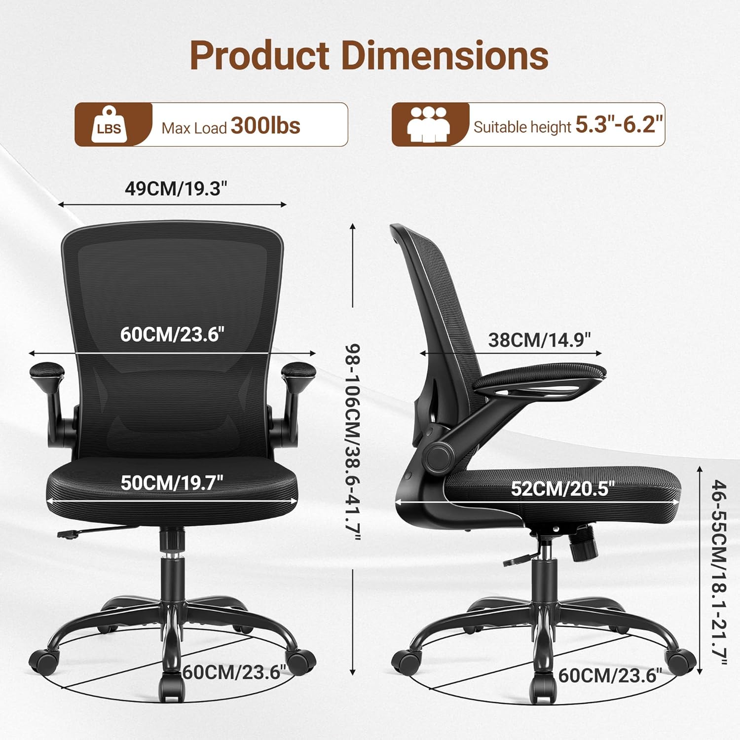 BESTFAIR Ergonomic Office Chair, Mesh Computer Desk Chair with Lumbar Support, Swivel Chair with Flip-up Arms and Adjustable Height, Black