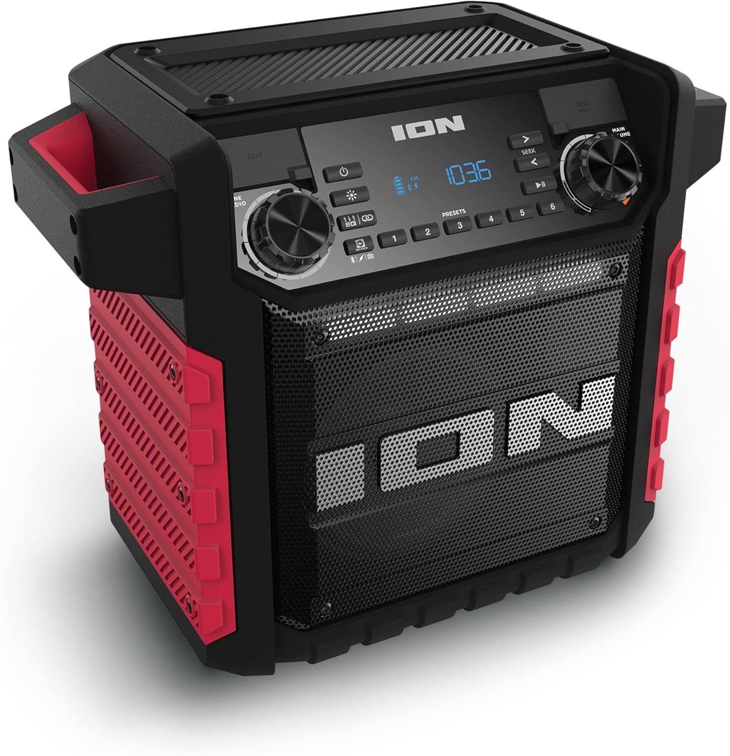 ION Tailgater Classic Outdoor Portable Bluetooth Speaker with Rechargeable Battery, FM Radio, USB Port, IPX5 Water-Resistant, 6.5 Woofer, App, Red