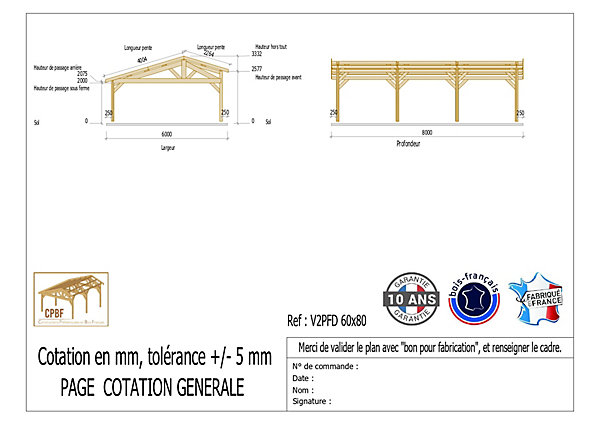 Carport 2 pentes faitage écalé, 600cm x 800cm, bois DOUGLAS Français(Charpente en bois-auvent-abri voiture)48 m².Garantie 10 ans