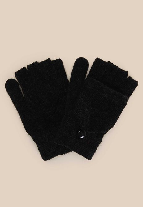Womens Black Chenille Fliptop Gloves