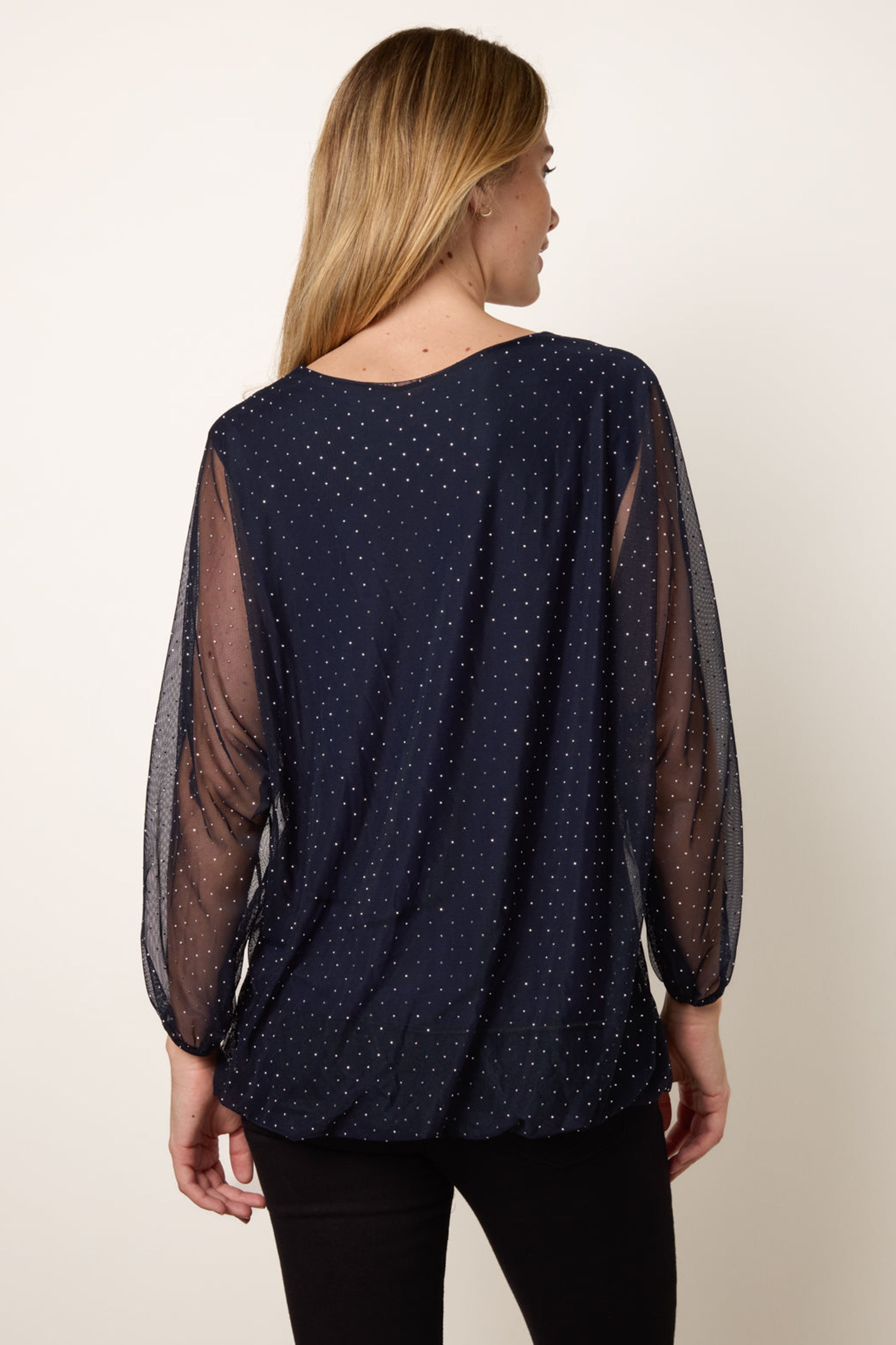 Blue Vanilla Navy Mesh Diamante Batwing Top