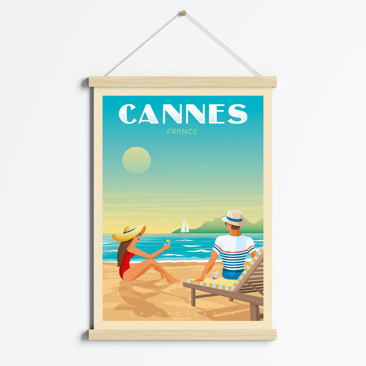 - Affiche Cannes France + Cadre Magnétique (Bois) 50x70 cm