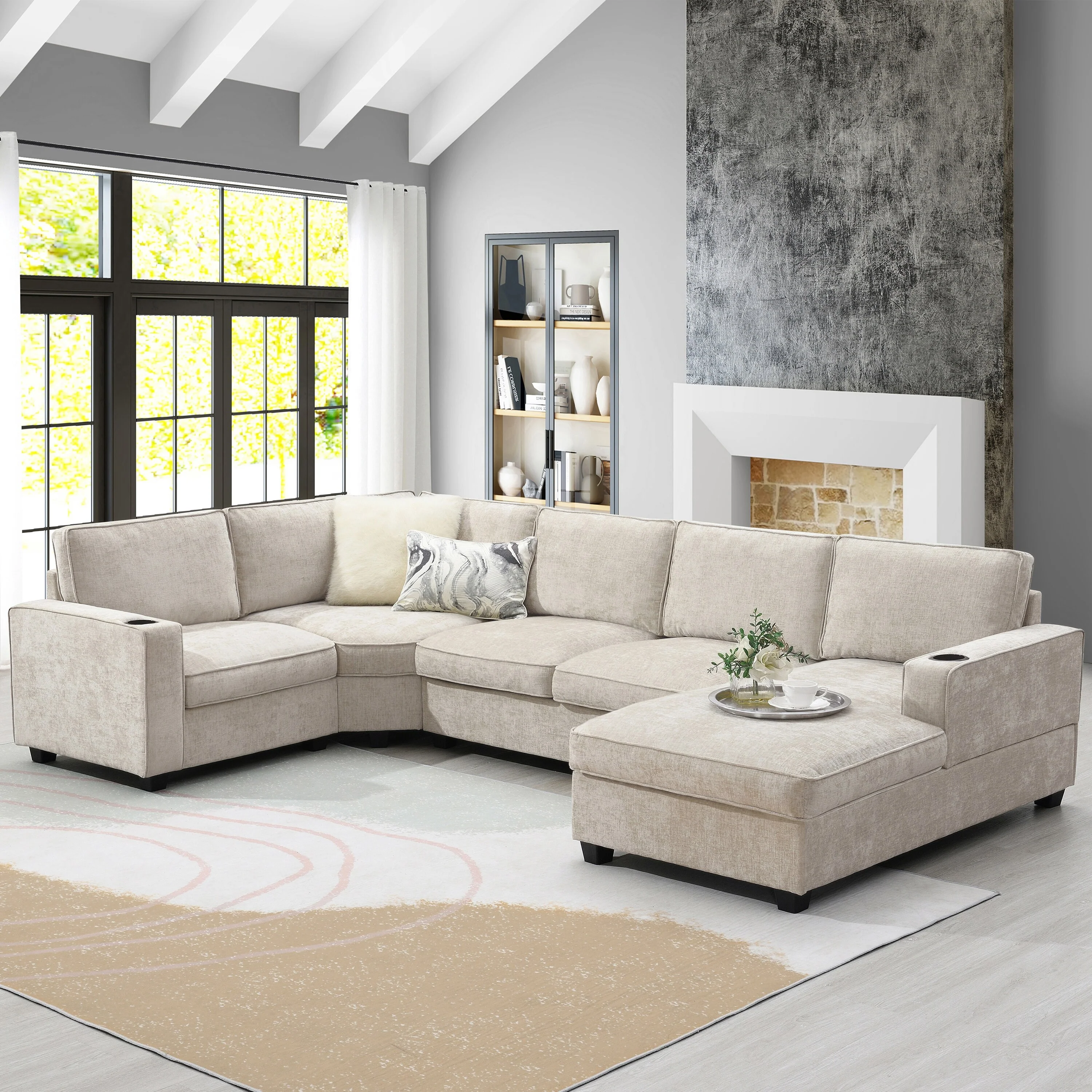 Modern U Shaped Sofa with Chenille Upholstery and Built In Cup Holders for Living Room or Guest Room