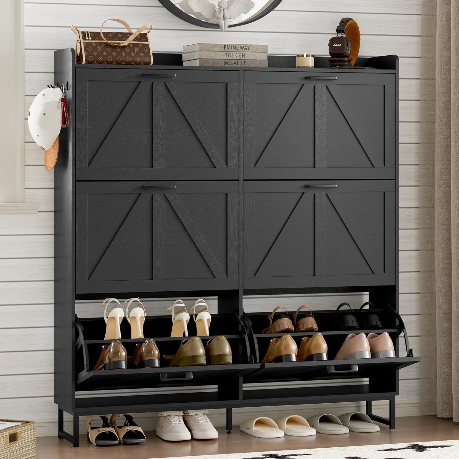 BORNOON Shoe Cabinet with 6 Flip Drawers Narrow Shoe Storage Cabinet Organizer Wooden Freestanding Shoe Rack Hidden Slim Shoes Storage Cabinet for Entryway, Hallway, Living Room, Bedroom