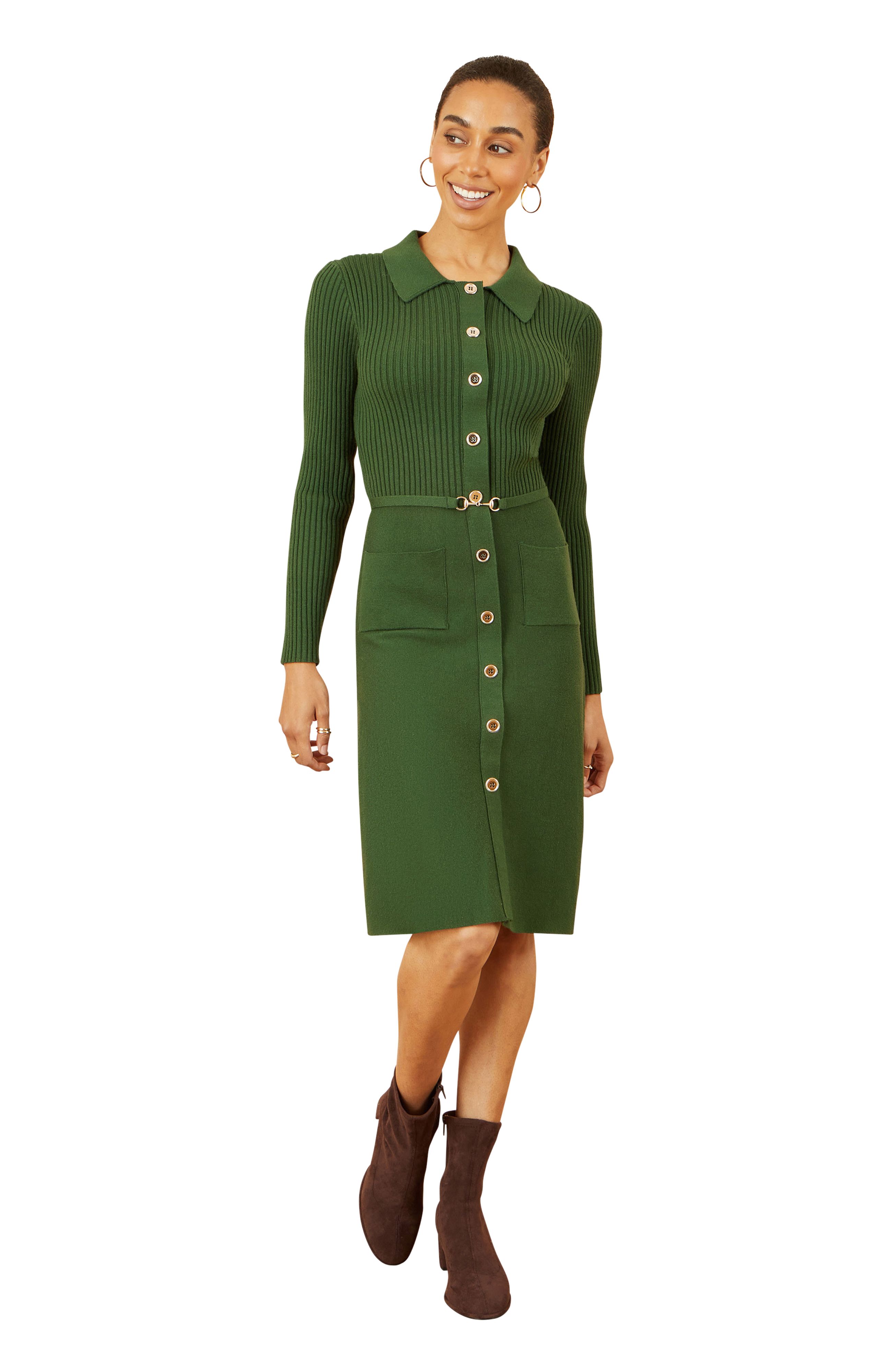 Yumi Green Rib Knit Midi Dress With Belt