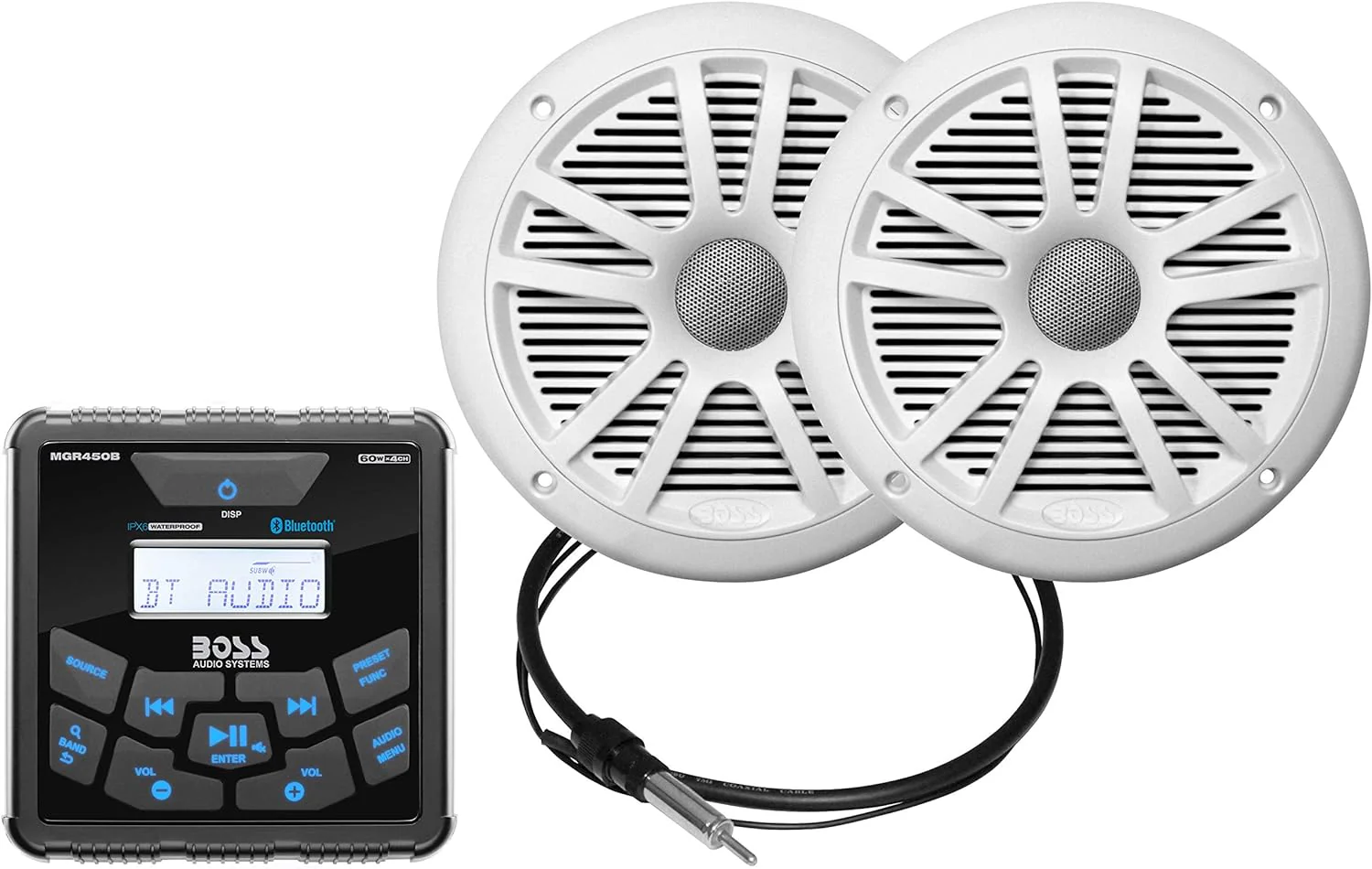 Marine Boat Stereo Gauge Receiver �C Bluetooth Head Unit, No CD DVD Player, Built-in 4 Channel Amplifier, Weatherproof, USB, USB Charging(MGR450B + 2 White Speakers)
