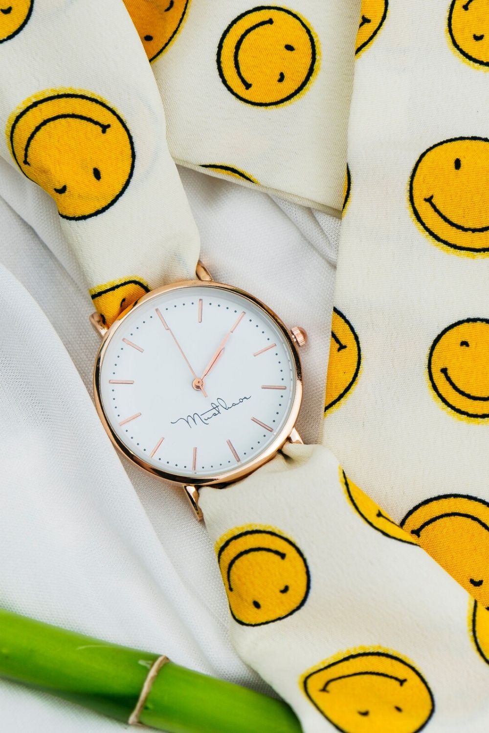 The Colourful Aura Yellow Smiley Cloth Changeable Cotton Tie Knot Strap Geneva Boho Wristwatch