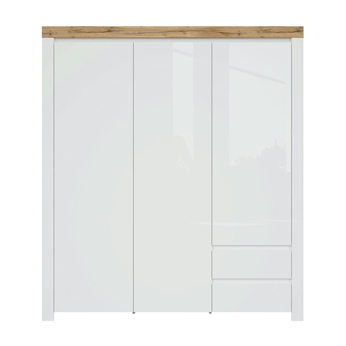 - Armoire 3 portes 2 tiroirs blanc et naturel