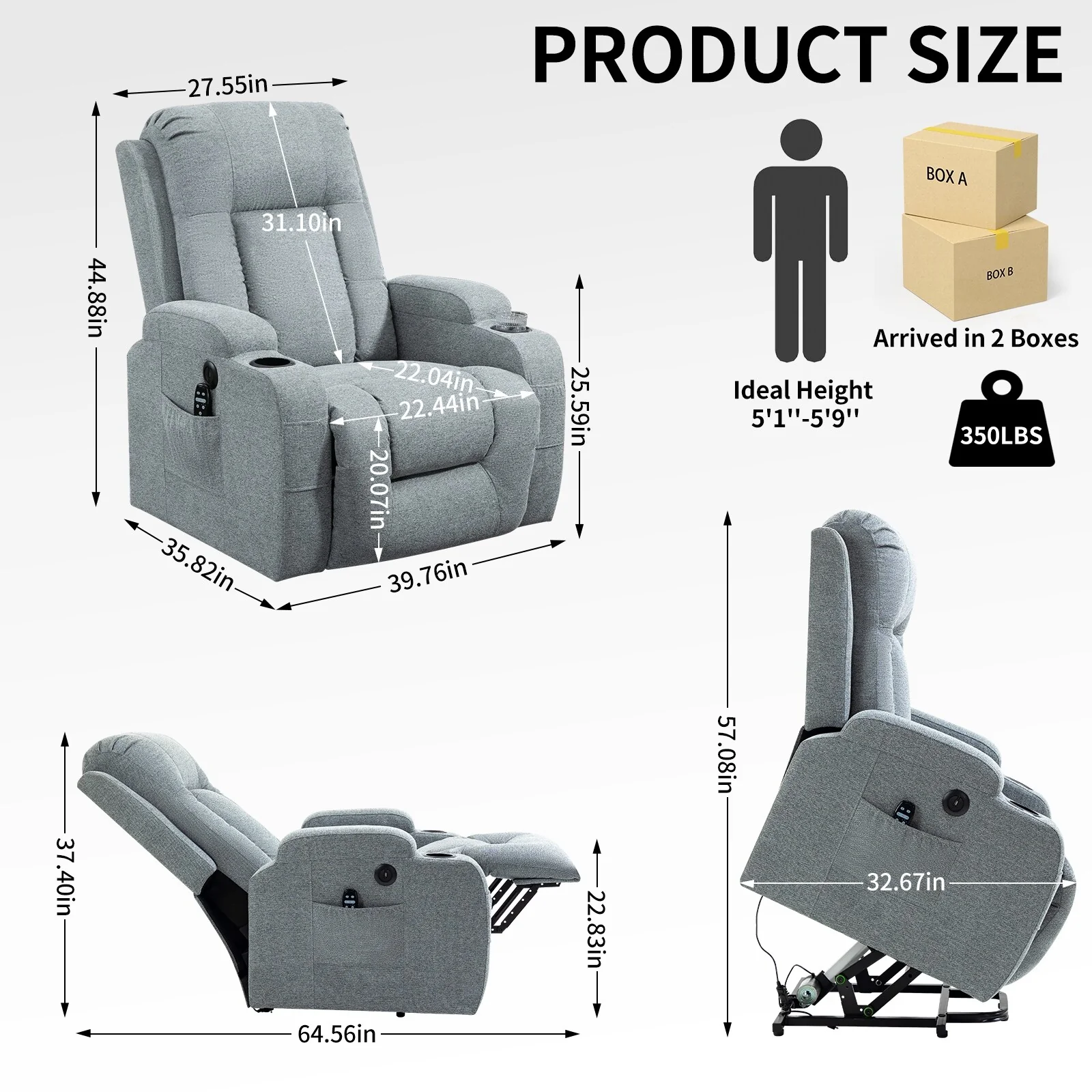 Grey Power Lift Recliner for Elderly with Massage & Heat, USB Charging Ports, Cup Holders, and Adjustable Reclining Positions