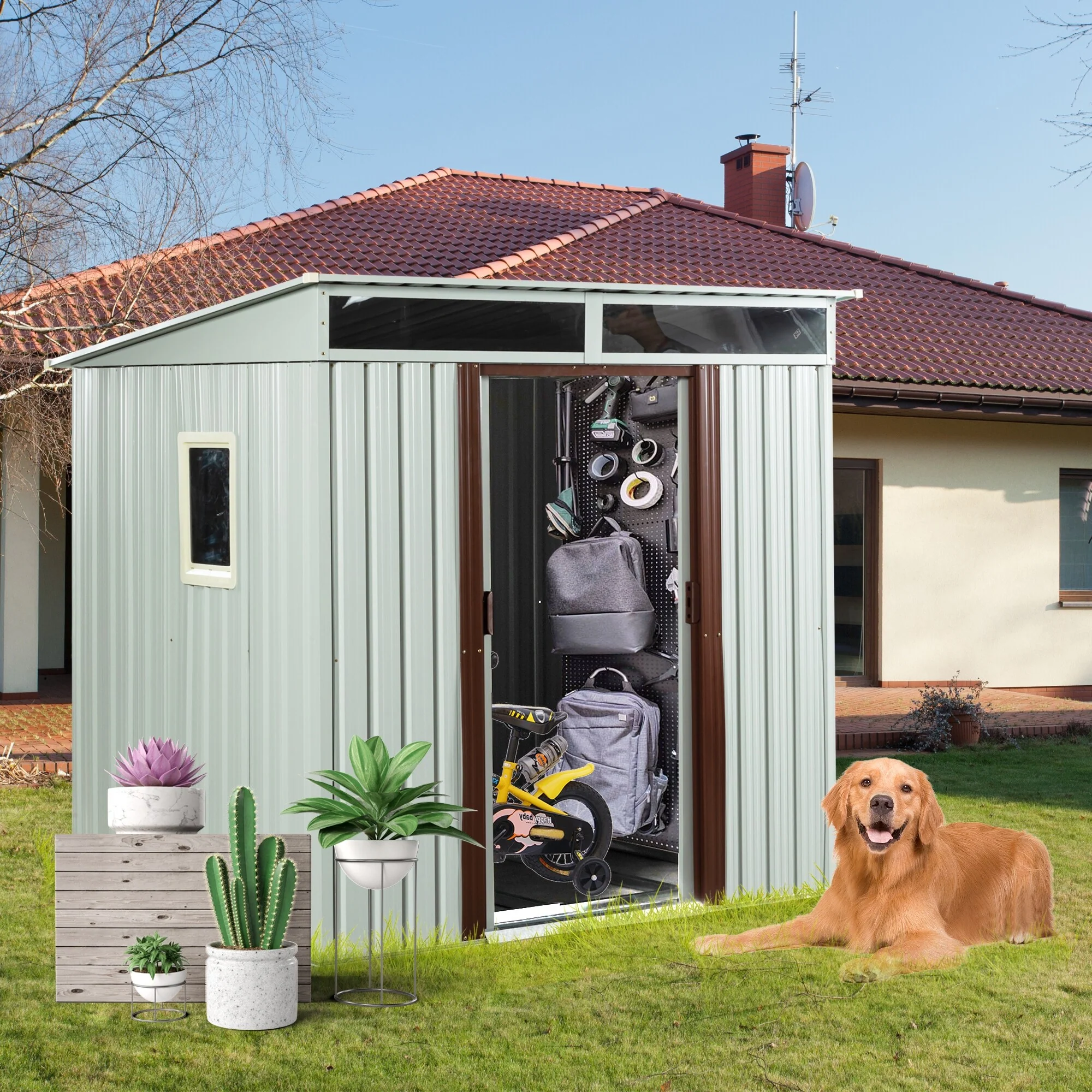 Outdoor Rust-proof Metal Storage Shed Garden Shed with Lockable Sliding Door, Waterproof Tool Shed, Transparent Roof Panel