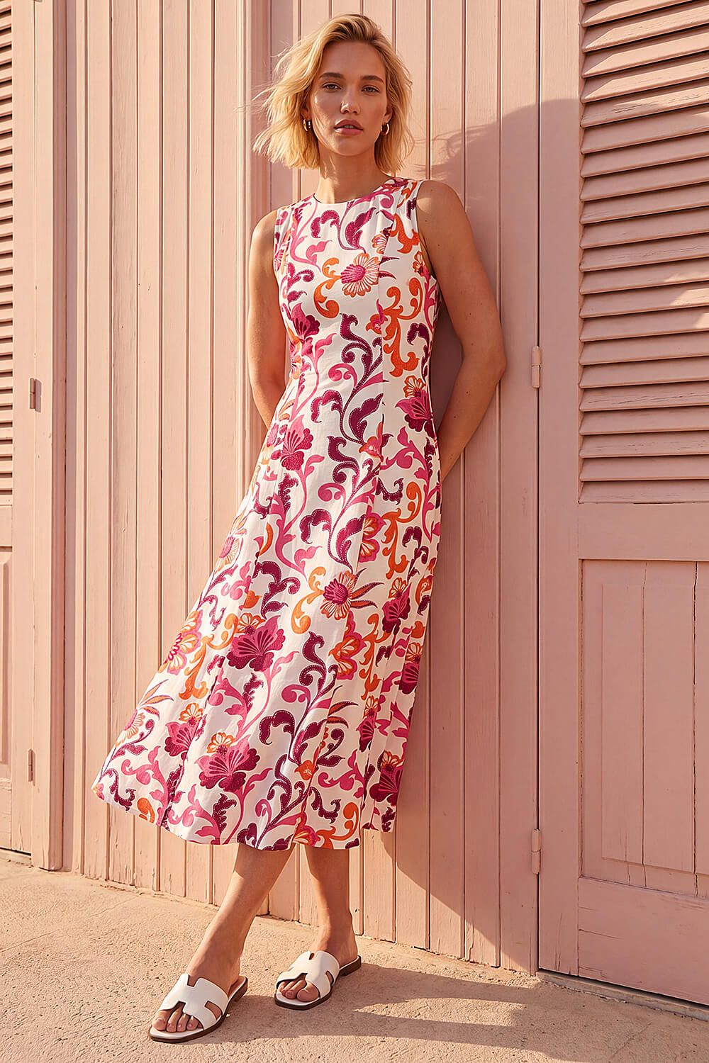 Roman Floral Pleated A-Line Midi Dress