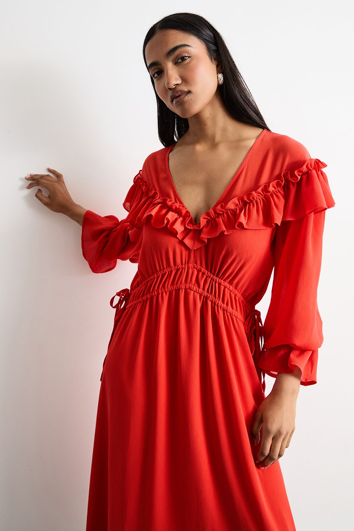 Warehouse Ruffle Shoulder Detail V Neck Boho Maxi Dress