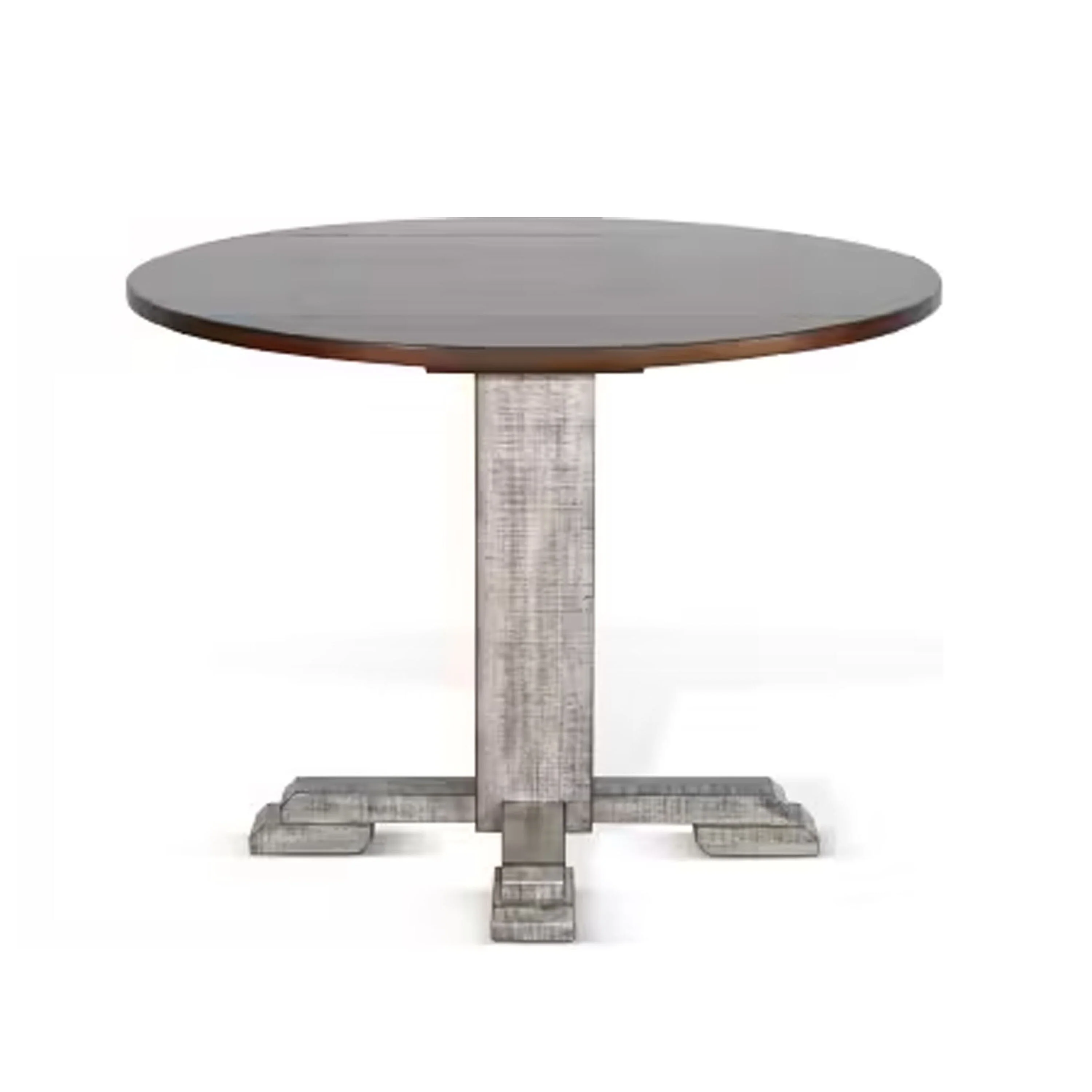 Camie Dining Table, 40 Inch Brown Round Top w Drop Leafs, Rustic Gray