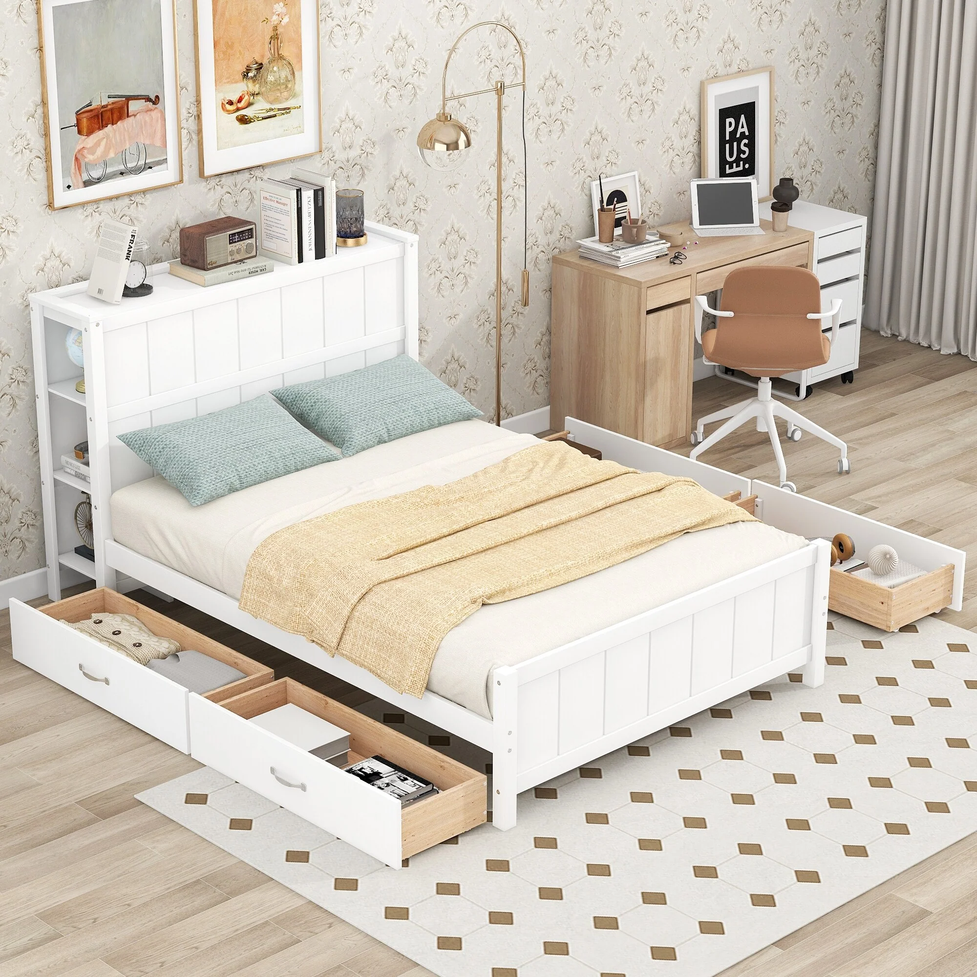 Full Size Platform Bed with Drawers and Shelves, Space-Saving Storage