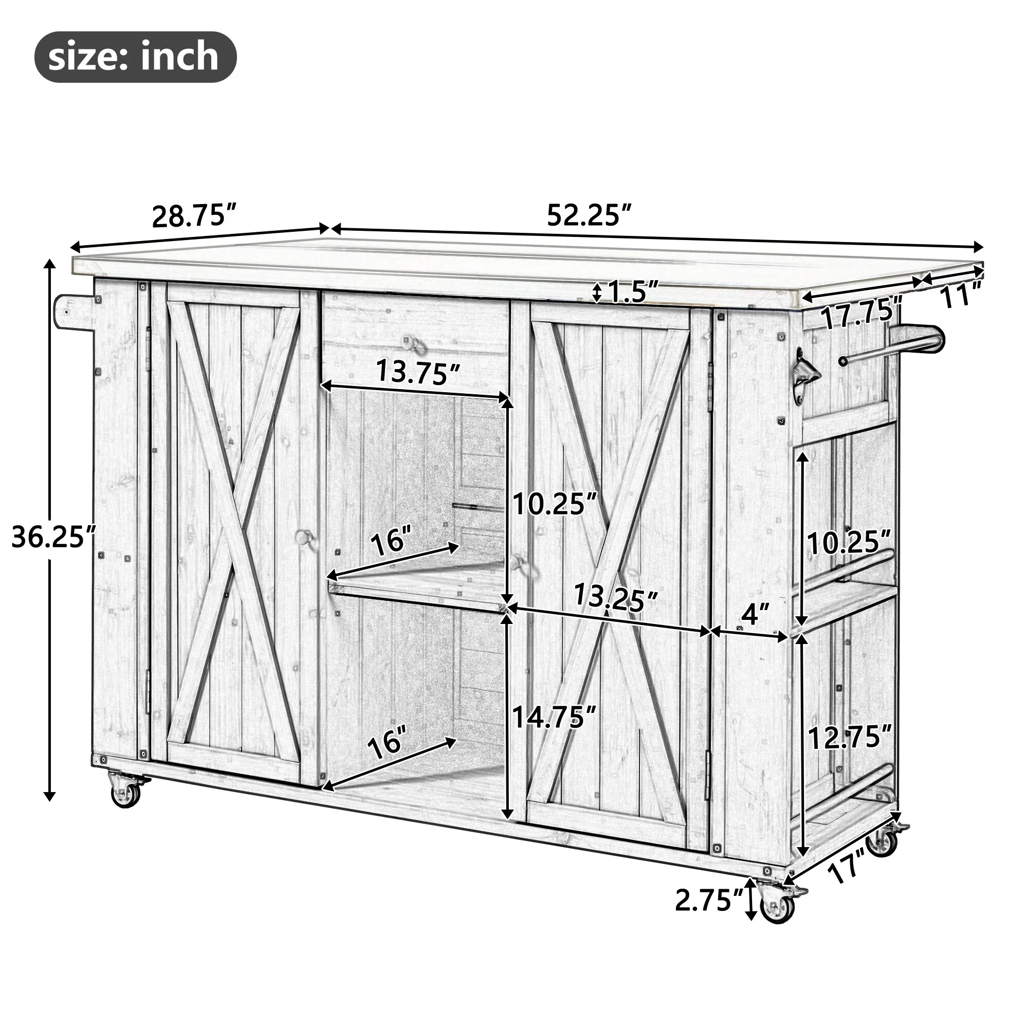 Outdoor Kitchen Island with Foldable Stainless Steel Top & Bottle Opener, Fir Wood Kitchen Island with Shelves and Towel Racks
