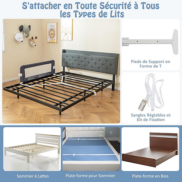 Barriere de Lit Pliable et Portable avec Cadre en Metal, en Forme de T, avec Mecanisme a Double Bouton (Gris, 120 x 40 x 42 CM)