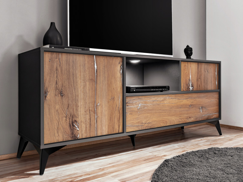 Pan Igiełka Szafka RTV Dąb Bijoux Antracyt 3 Drzwiowa LED Loft Nowoczesna