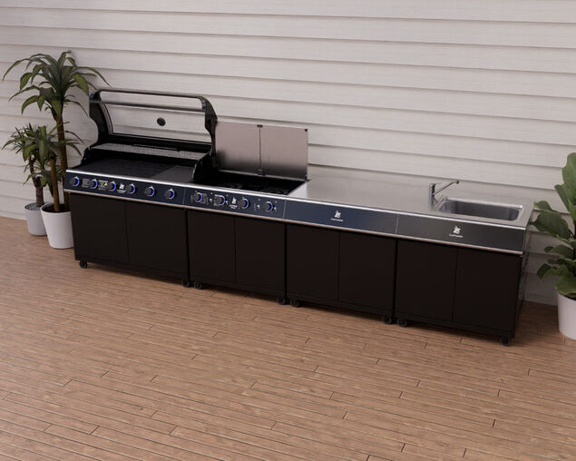 Beefmaster Premium 6 Burner Outdoor Kitchen with Range, Sink & Bench on Classic Carts