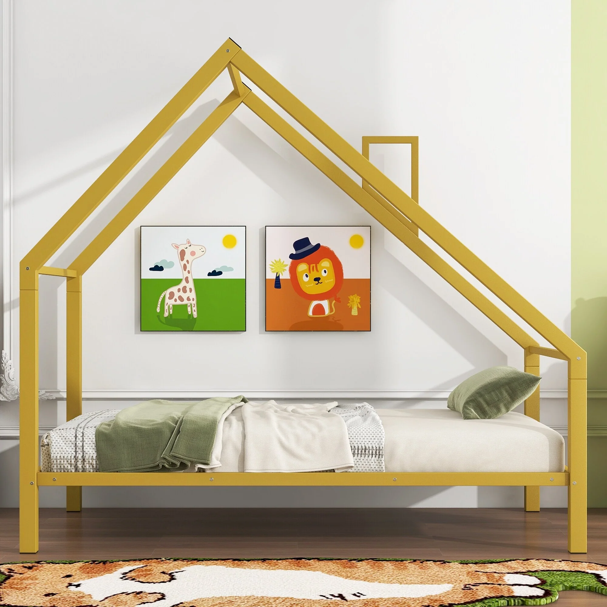 Metal House Platform Bed with Roof and Charming Chimney