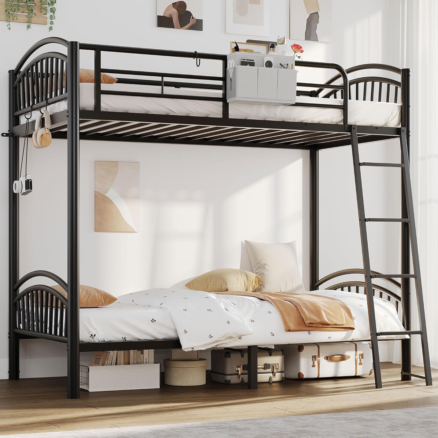 Metal Bunk Bed Twin Over Twin, Heavy Duty Industrial Bunkbeds for Teen with Bedside Caddy, Convertible Ladder & Flat Rungs, Space Saving Bunkbed Frame for Bedroom Dorm, No Box Spring Needed