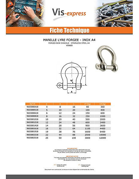 Manille LYRE Forgée Inox A4 Diamètre 8 - 2 pièces