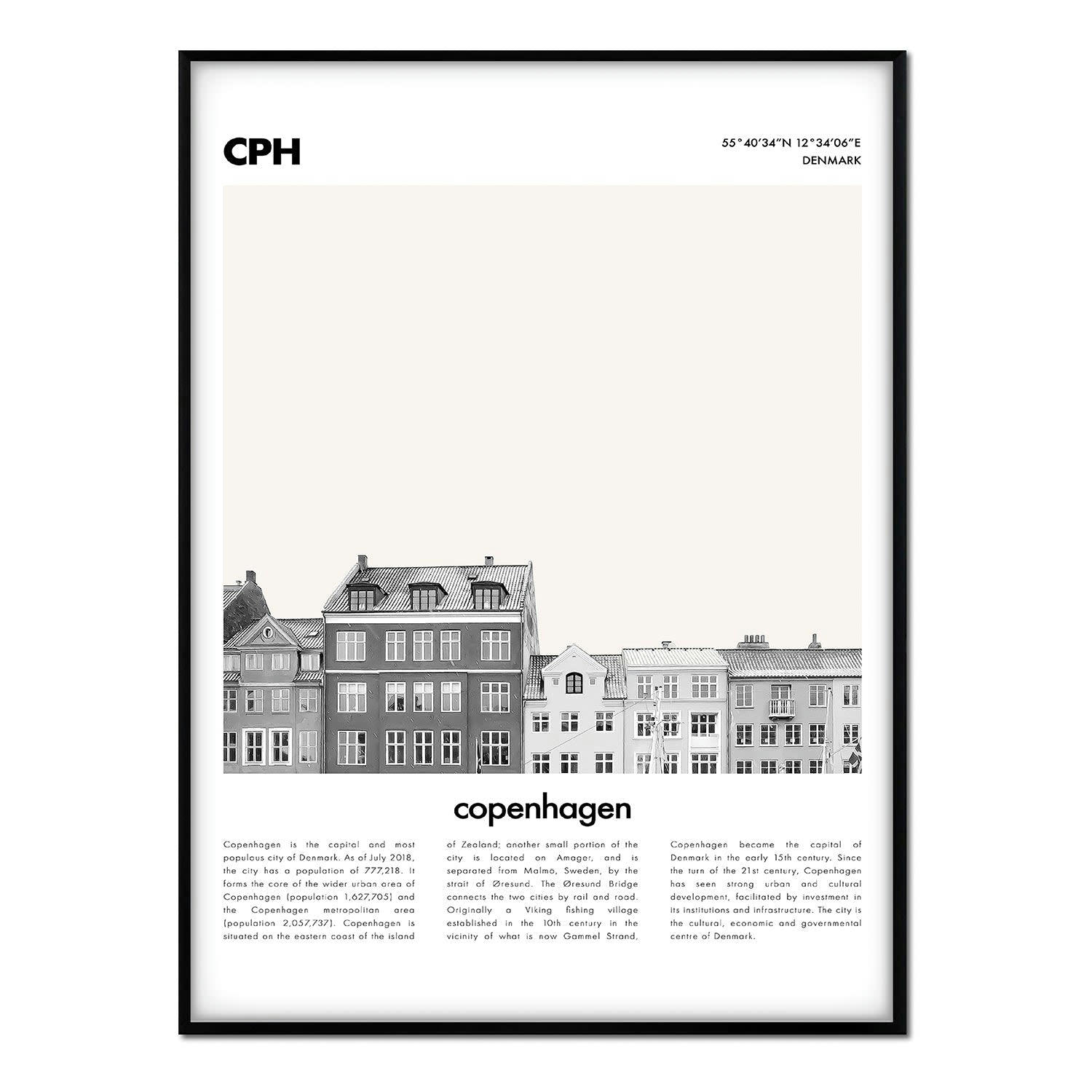 CIUDADES - Affiche avec cadre noir - Description Copenhague - 50x70