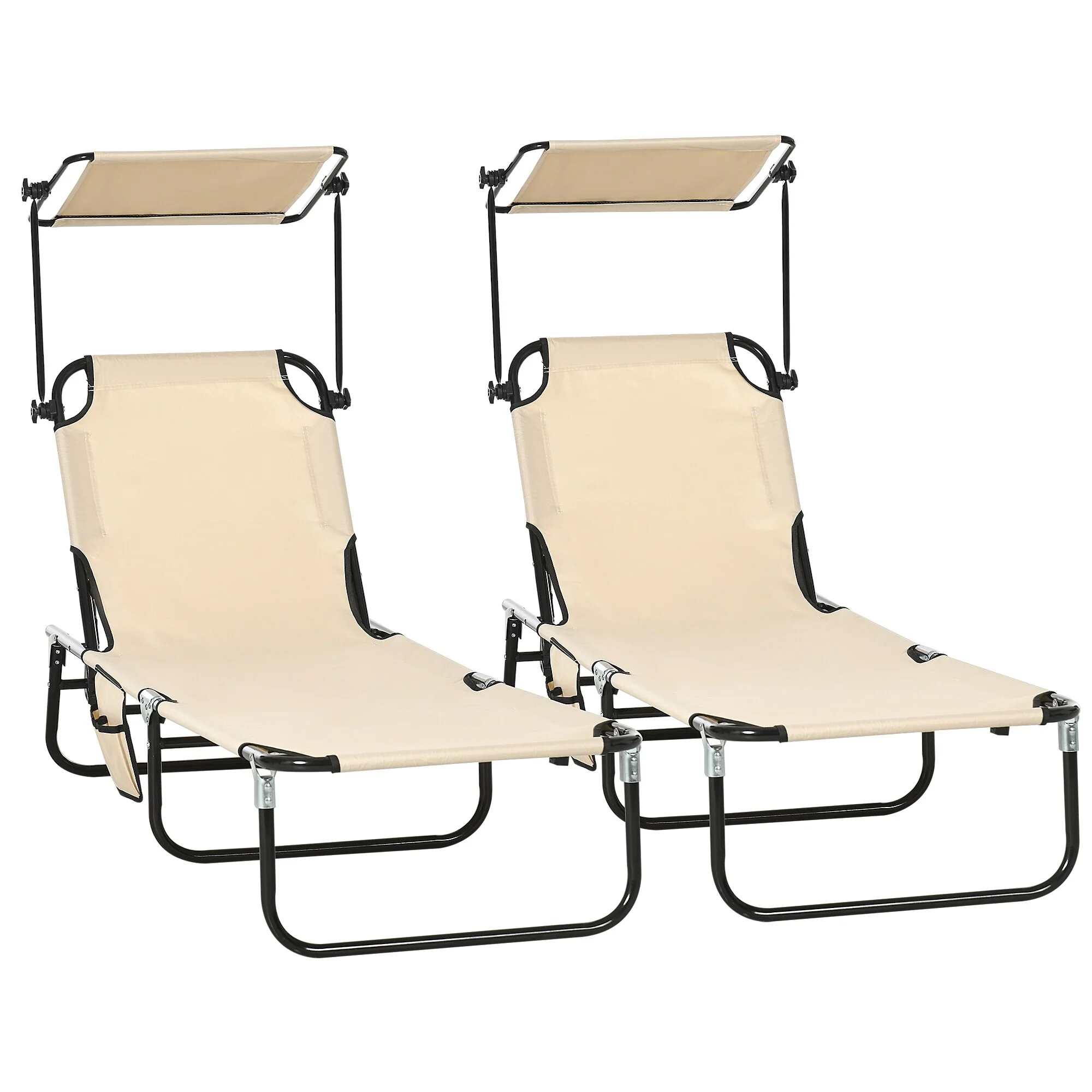 2-Piece Foldable Lounge Pool Chairs with Side Pocket, Outdoor Sun Tanning Chairs with Canopy Shade & Reclining Backrest