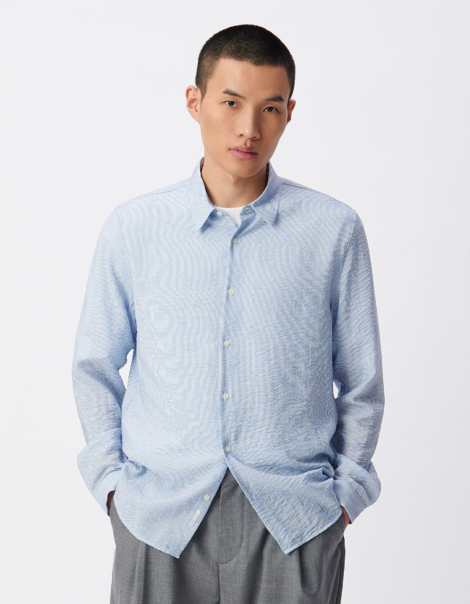 Chemise slim bleue imprimé fleurs sur rayures Homme