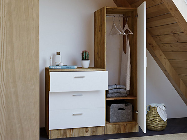 Commode 3 tiroirs avec armoire et miroir - Blanc et naturel - VITORIO