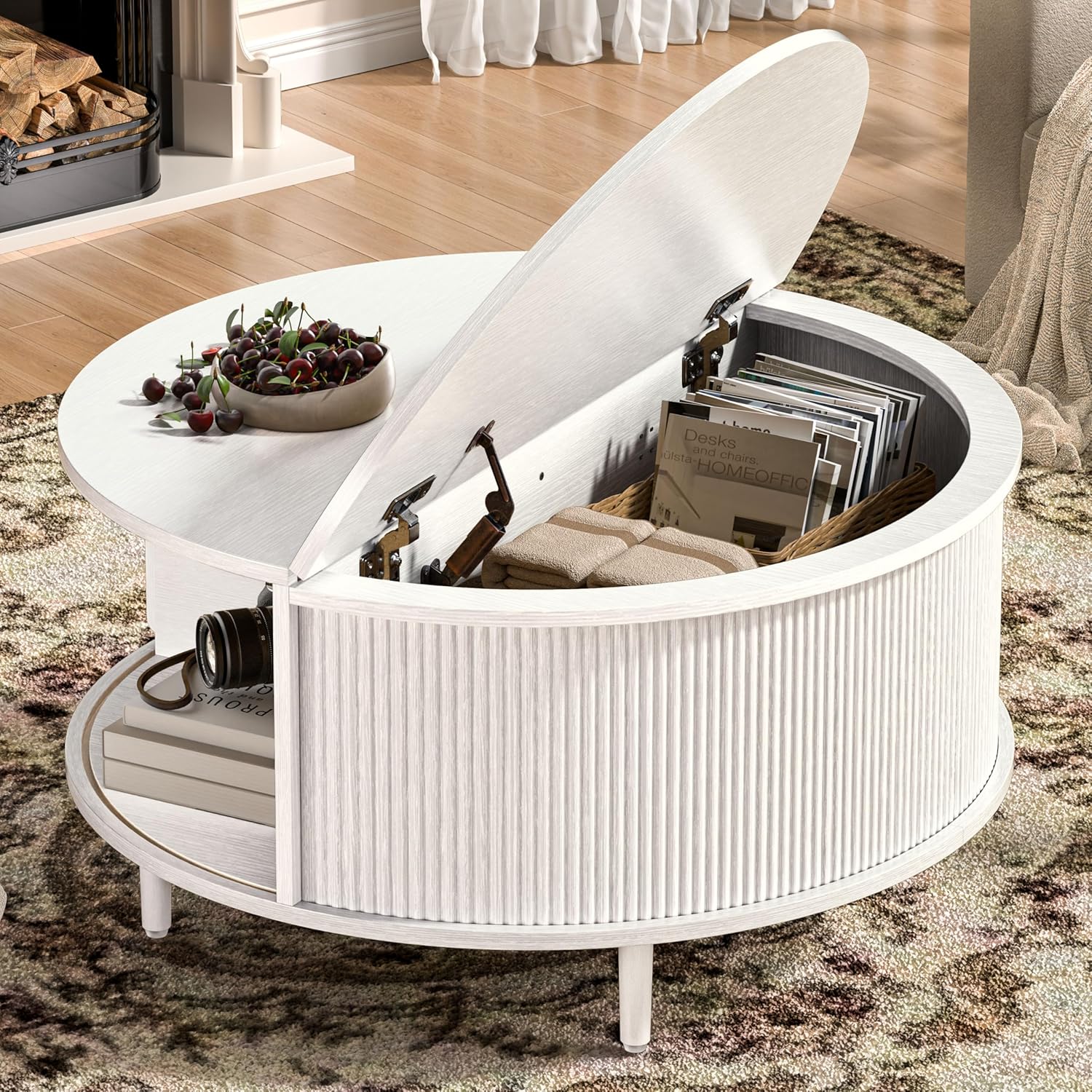 Round Coffee Table, 31.5 Fluted Center Table with Storage, Lift-Top Coffee Table with Adjustable Footpads, Sliding Door, Mid-Century Modern Center Table for Living Room, Small Space (Pure White)