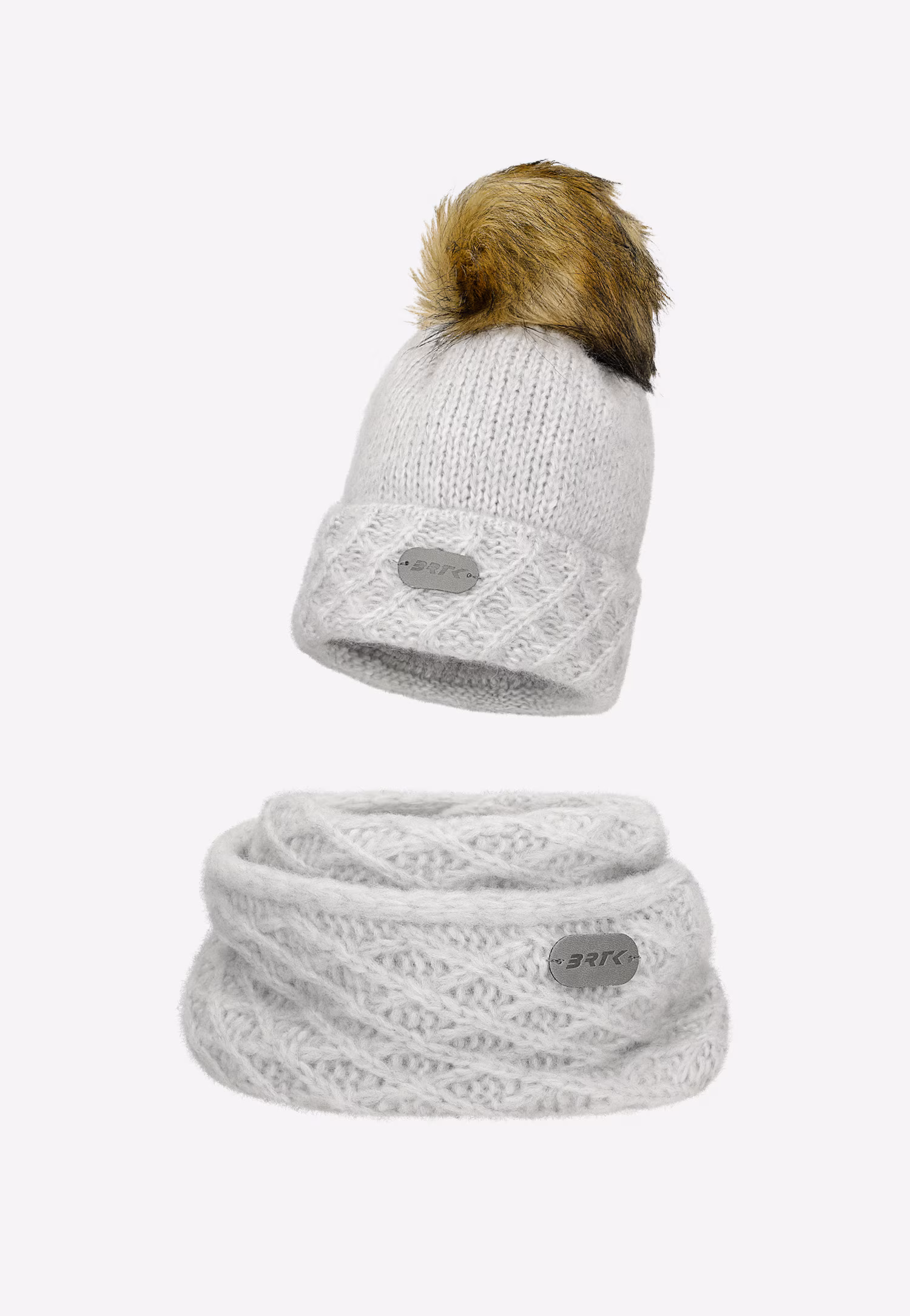 Szary zestaw BARTEK z wełną merino 85602-80 czapka z puchatym pomponem   komin