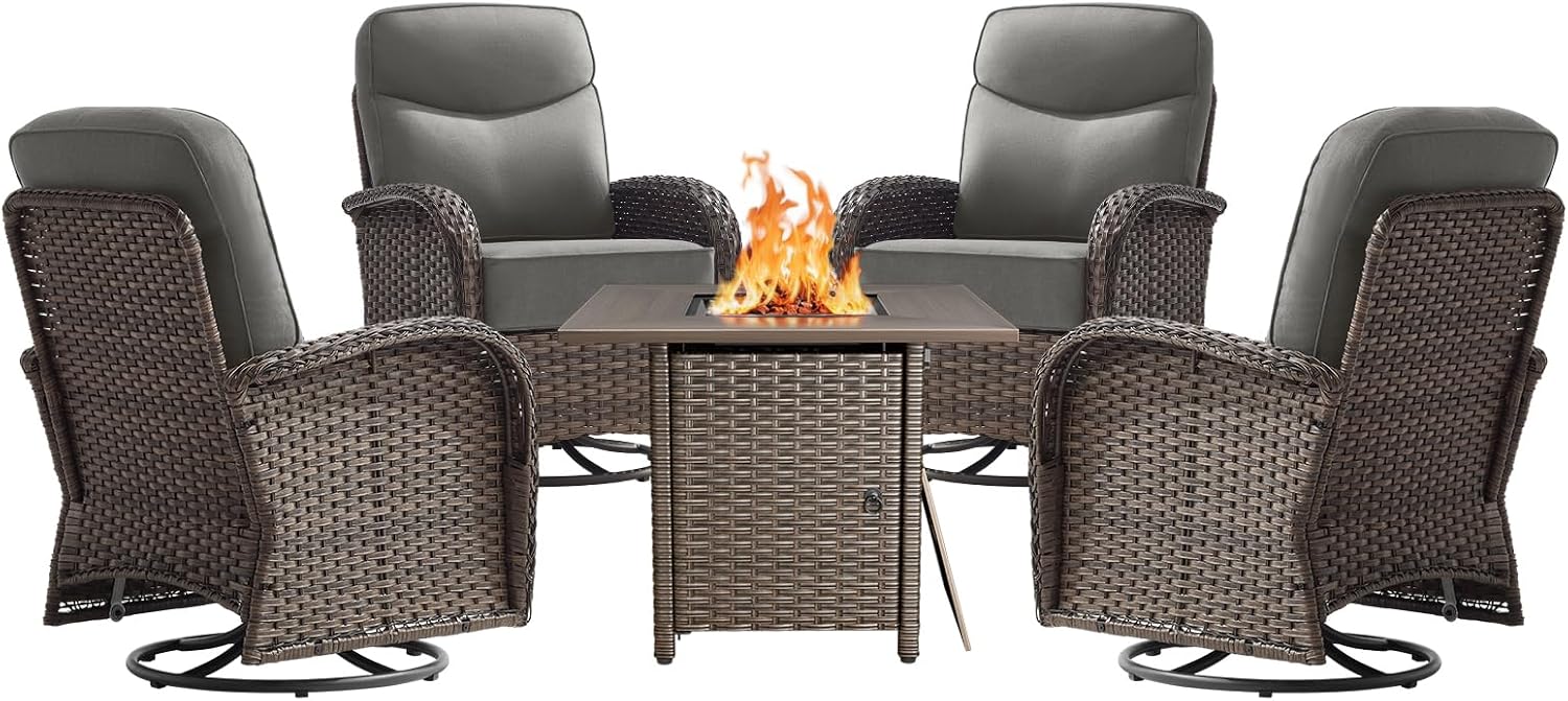 Luxury Outdoor Swivel Rocker Patio Chairs of 4 with Fire Pit Table - 5 Piece Furniture Set with 6-Inch Smile Cushions High Back Brown Wicker Rattan Gliders for Porch Balcony Deck - Grey