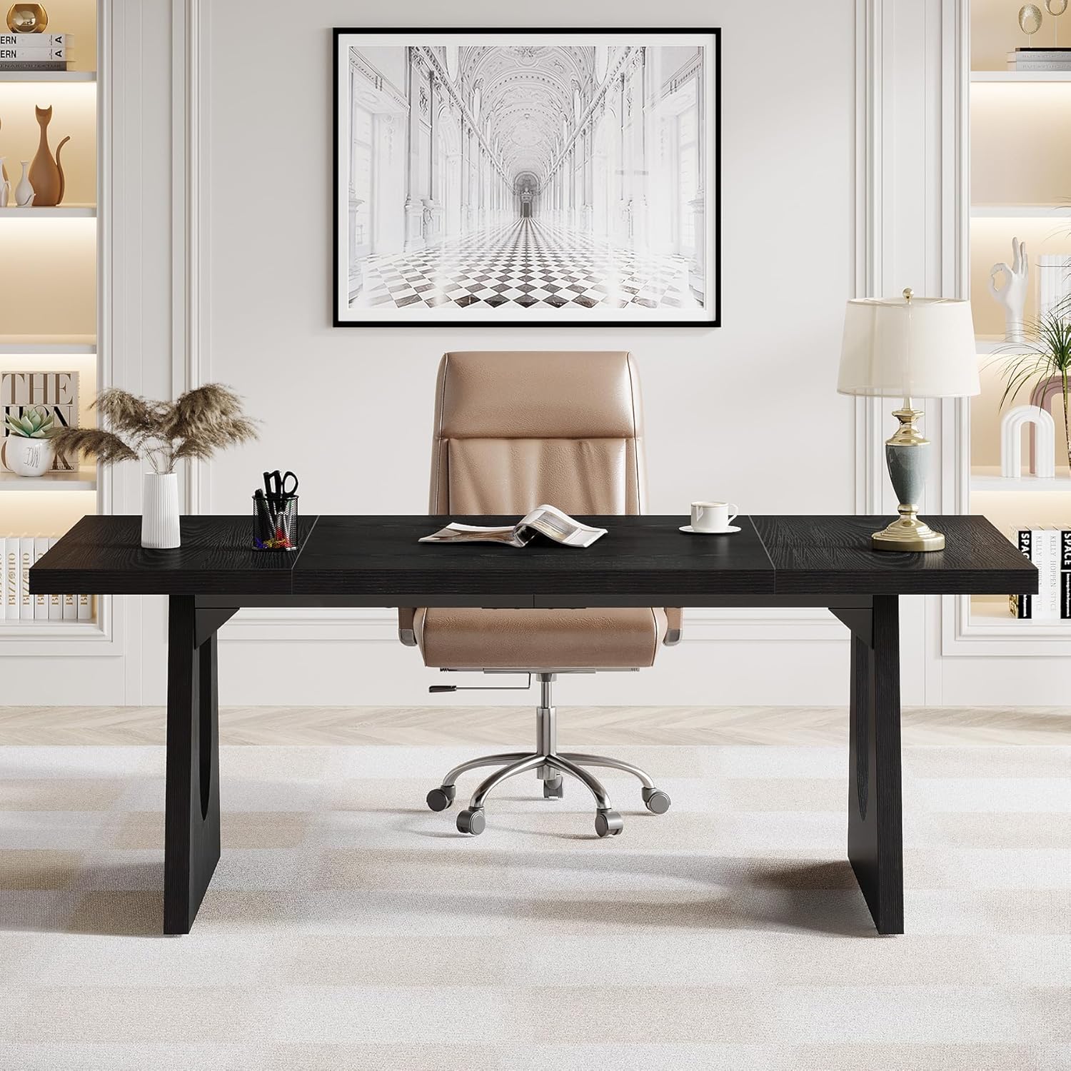 Tribesigns 70.86-Inch Executive Desk, Large Black Computer Office Desk with Wooden Legs, Modern Simple Style Rectangle Writing Table, Workstation or Business Table for Home Office (Black)