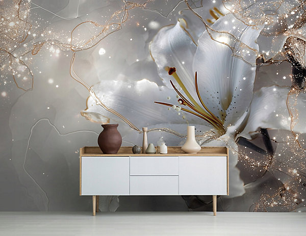 Papier Peint Panoramique Intissé Fleurs Lys Beige - 350x250 cm - Papier Peint Chambre et salon