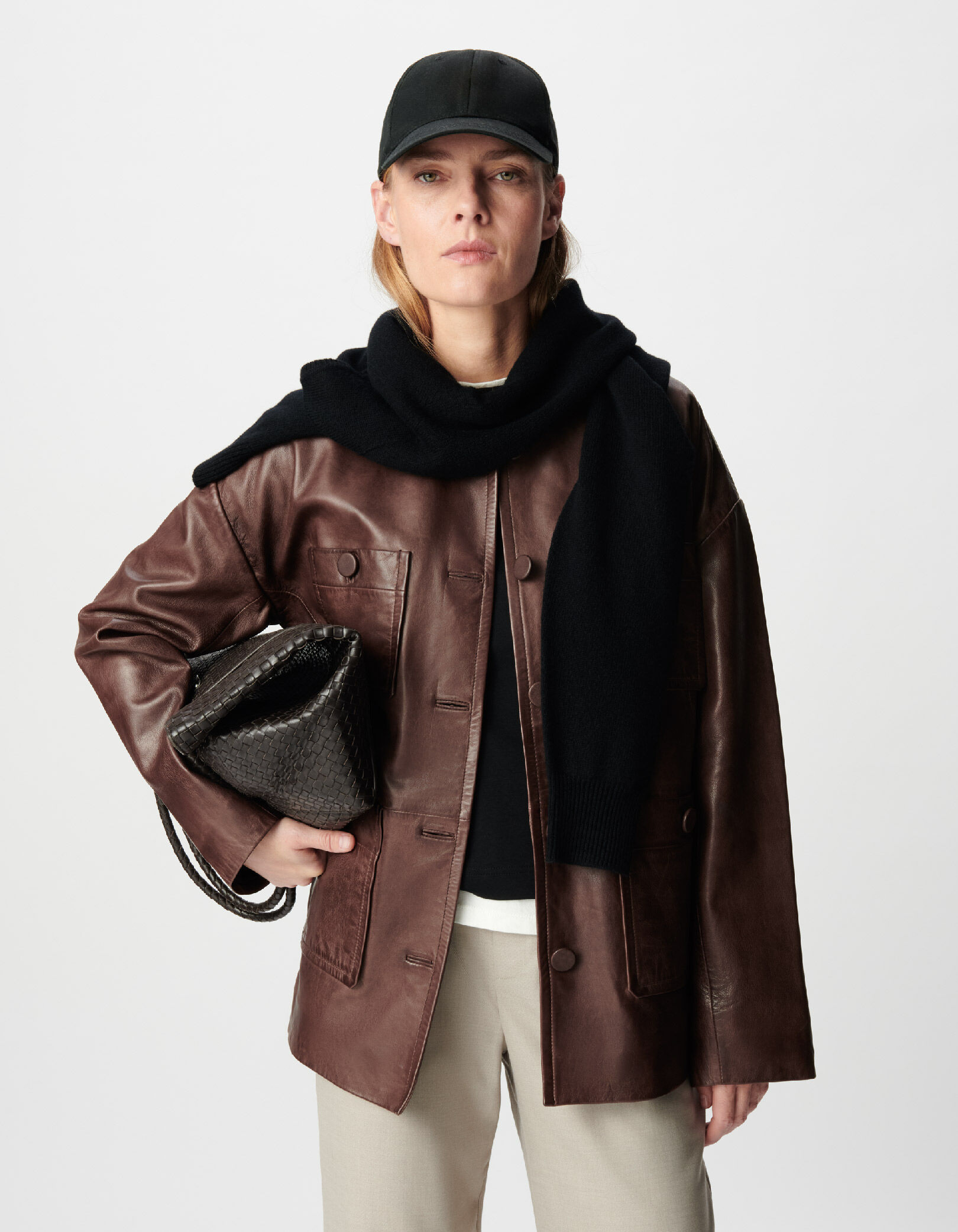 Manteau marron cuir délavé poches plaquées Femme