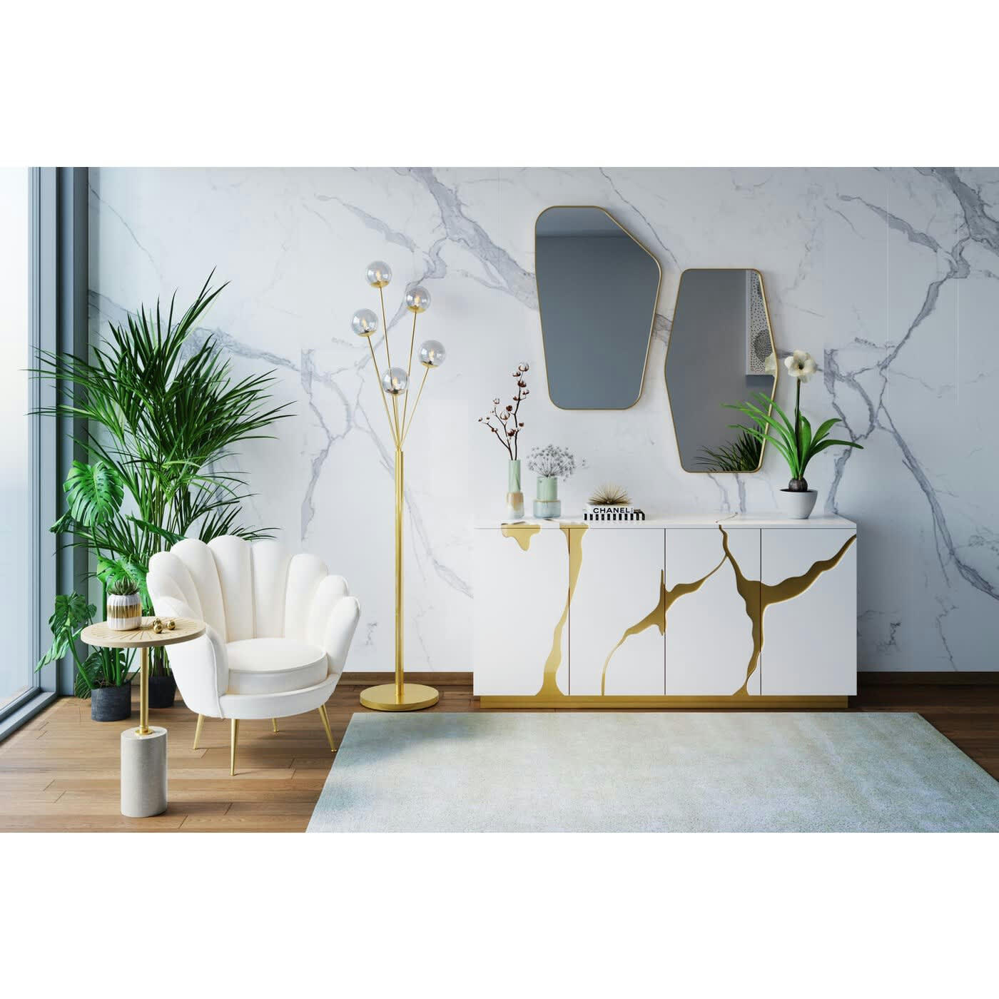 CURVE - Miroir hexagonal en acier doré 95x64