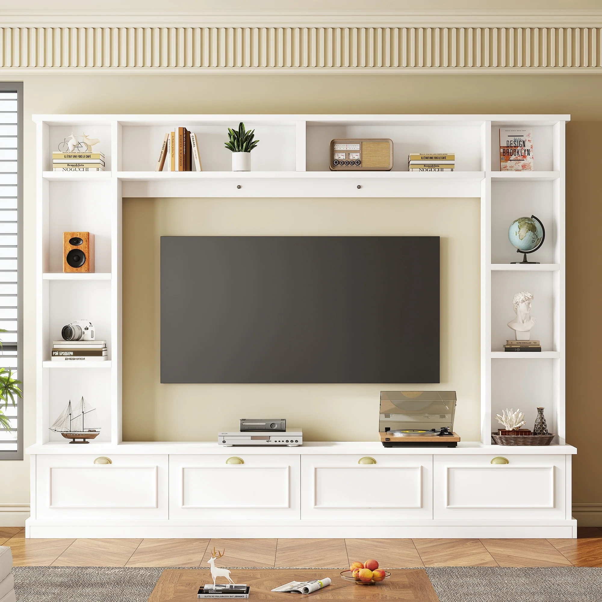 Modern 4-in-1 Entertainment Center with Bookshelves and Cabinets for TVs Up to 78 Inches