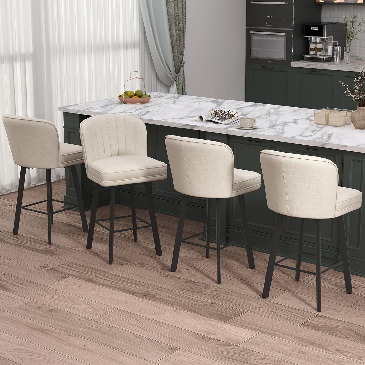 Swivel Counter Height Bar Stools Set of 4, 26'' Modern Barstools with Backs and Metal Legs, Upholstered Bar Chairs, Beige, Fabric Stools for Kitchen Island Chairs