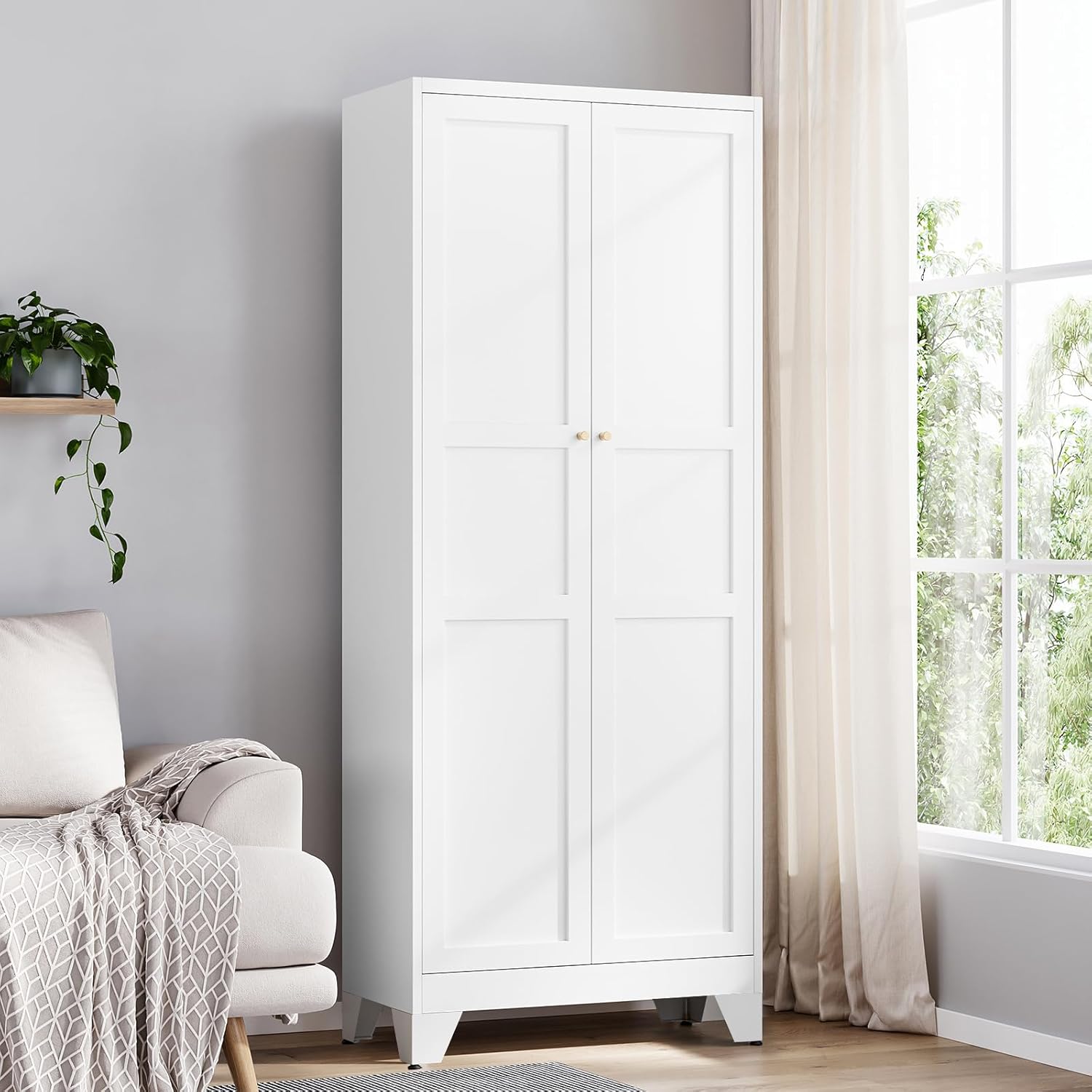 Yizosh Metal Pantry Cabinet, 75 Kitchen Pantry with 2 Door and 4 Adjustable Shelves,White Metal Pantry Storage Cabinet,Cupboard for Kitchen,Dining Room,Living Room and Bathroom