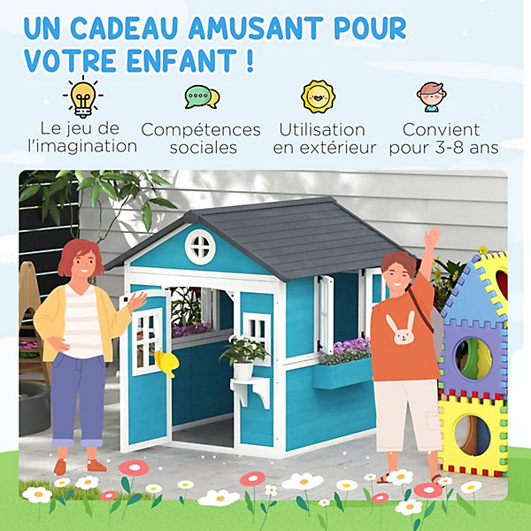 Maison Enfant extérieure, avec Porte, fenêtres et jardinières, cabane de Jardin pour Enfant 3-8 Ans, 114 x 126,4 x 135 cm, Marron
