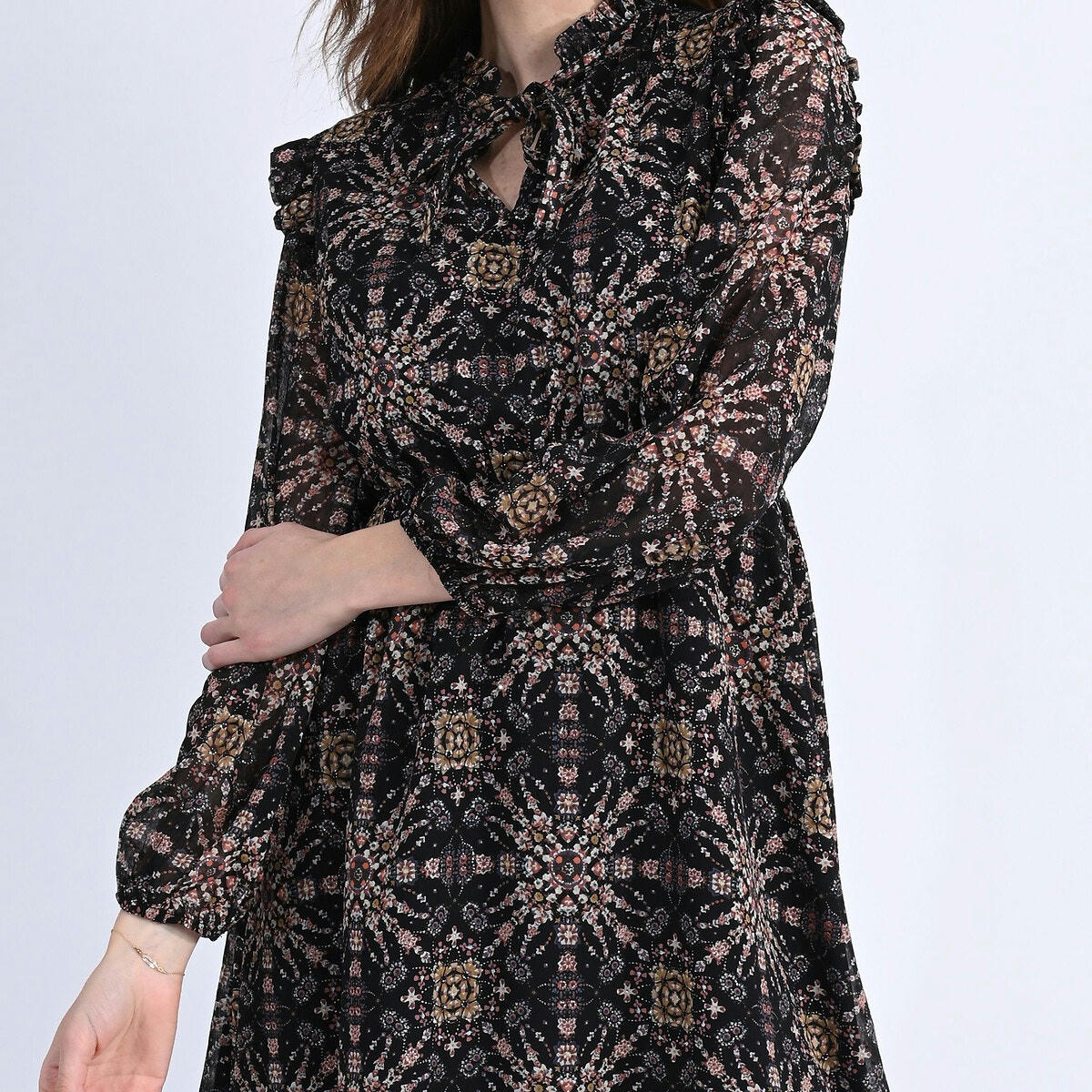 Robe  manches longues imprimée col à nouer